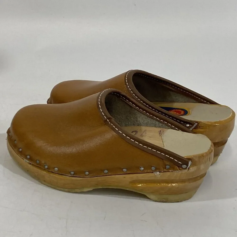 Vintage Girls Swedish Bastad-Toffeln Wood & Tan Leather‎ Clogs Size 24 Us 8